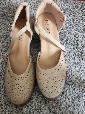 Women's Beige Perforated Mary Jane Flats